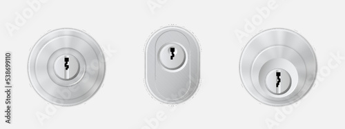 Metal keyholes for secure door lock, realistic set isolated. Silver or chrome key holes for padlocks