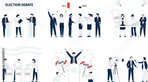 Election and voting, candidates meeting on political debate. Support democracy crowd, citizen rights on electoral. Vote campaign recent vector characters