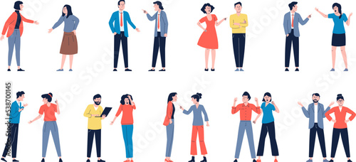 Negative emotional characters in family and work. Grumpy male, couple in negative conflict. Grief denial emotions, exasperated face recent vector people