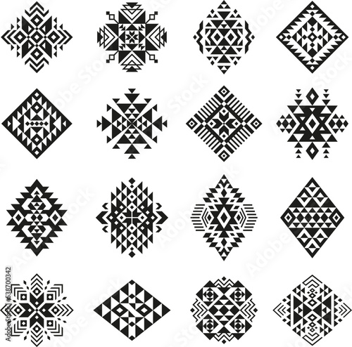 Aztec ethnic ornaments, boho tattoo template collection. Navajo, mexico traditional motif. Isolated tidy tribal geometric vector design elements