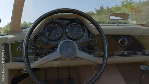 Realistic Interior of a retro beautiful car: wheel, dashboard. Design. Abstract old fashioned passenger expensive vehicle.
