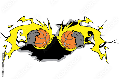 vector design of two basketballs giving off fire and being held in gray hands photo