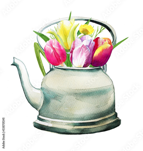 Rustic teapot with tulip flowers - watercolor illustration. Hello Spring hand drawn illustration isolated on white background. Picture for a postcard, souvenir, decor, logo, branding.  #538701341