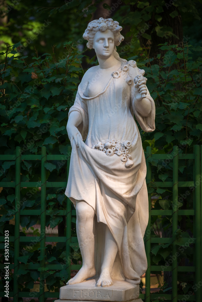 Marble statue of Roman Goddess Flora in Summer Garden, Saint Petersburg, Russia