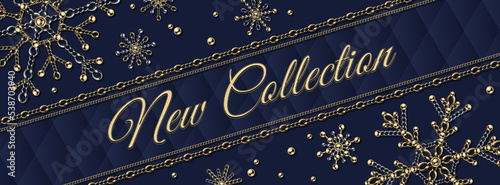 Horizontal jewelry banner with fancy snowflakes made of gold and silver chains, shiny ball beads. Blue classic rhombic grid on a background. Elegant jewelry illustration in detailed vintage style