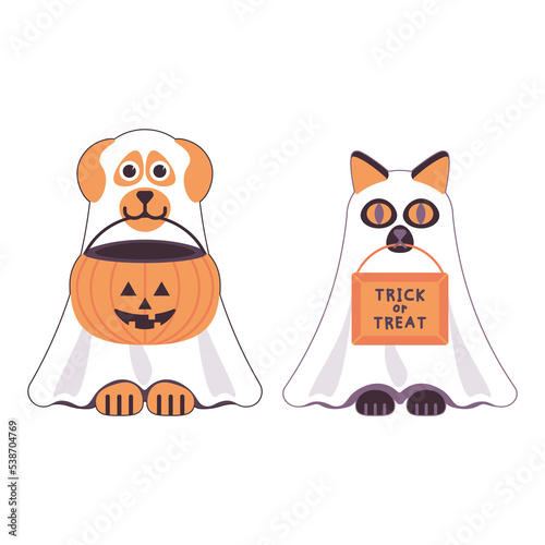 Foto illustration of cat and dog ghosts, kitty and puppy in Halloween costume, collec