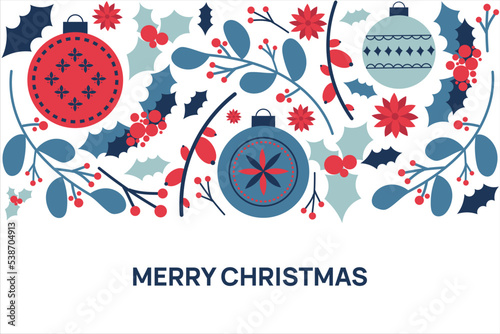 Merry chrismas vector banner in red and blue colors with text and decaration elements mistletoe,poinsettia,branches,balls etc photo