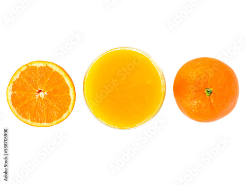 Glass of fresh orange juice and half of cutted orange fruit and whole fruit isolated png photo