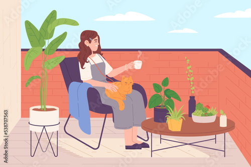 Woman on terrace. Alone girl relax on home terrace or balcone with house garden plant and cat, hygge rest at hotel verand, women enjoy beautiful green nature vector illustration photo