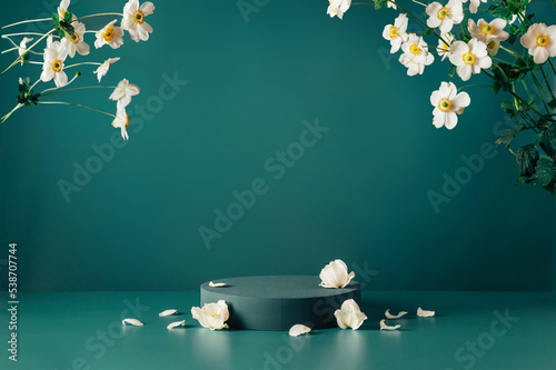 Podium, stand, showcase and delicate white flowers on dark teal background. Scene to show cosmetic products. Mock up. Trendy color 2023