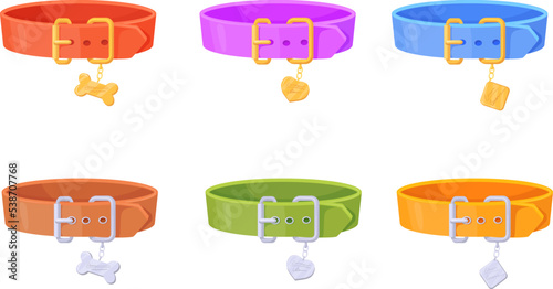 Leather pets collars. Puppy dog or cat pet collar with golden color locket, canine belt for training, kitten necklace clasps and tags animal accessories, neat vector illustration
