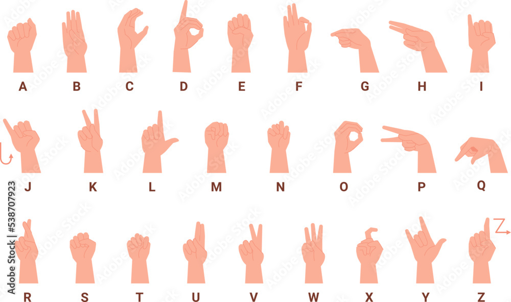 Deaf language. Deafmute alphabet hand signs for inclusive people