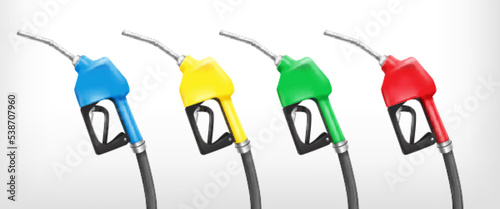 Realistic fuel nozzles. Color isolated gas guns, 3d fueling pistols for petrol gasoline fill, oil handle pumps dispenser ethanol biodiesel refuel station, tidy vector illustration