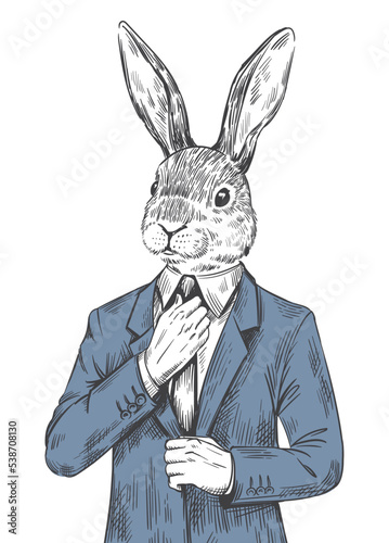 Rabbit in suit. Engraved human bunny, dressed easter hare in fashion tuxedo with tie bow, woodcut etching animal head office hipster, victorian sketch ingenious vector illustration
