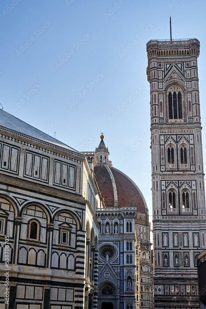 medieval bell tower and dome of the Cathedral of Santa Maria del Fiore in the city of Florence