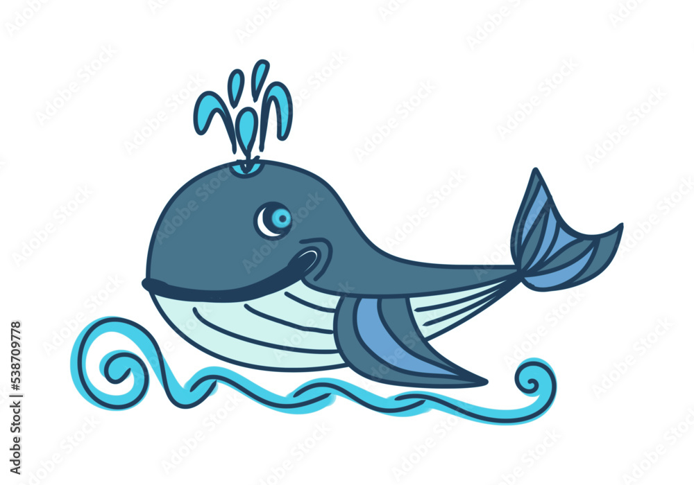 Fototapeta premium Whale on the waves, cartoon character, color drawing, on a transparent background, for design and print