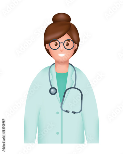 Smiling Young woman doctor in uniform with stethoscope. Healthcare and medicine concept. 3d Realistic cartoon character avatar vector illustration isolated on white background.