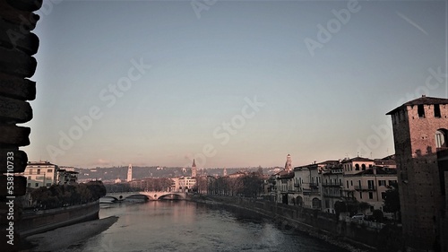 Italian evening landscape. Wide river
