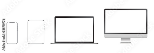 Set of computer gadgets, devices with blank screen set - laptop, smartphone, tablet, personal computer monitor. Vector UI UX mock-up, illustration
