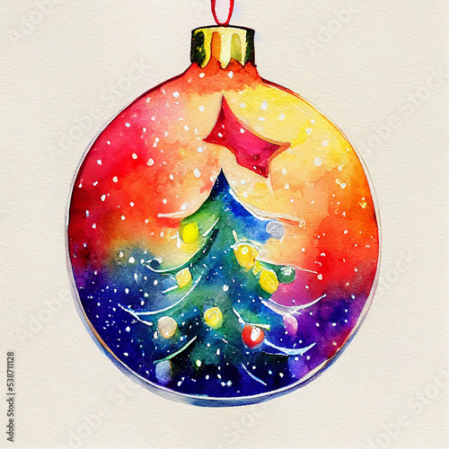 Colorful ecorated Christmas ball on white background. Watercolor illustration photo