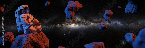 astronaut meditating on asteroid, background banner with empty space  © dottedyeti