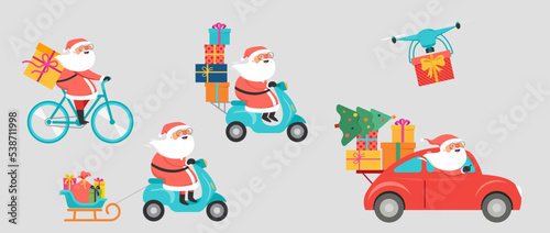 Christmas and holidays online delivery service concept, online order tracking, delivery home and office. Warehouse, truck, drone, scooter and bicycle courier Santa Claus