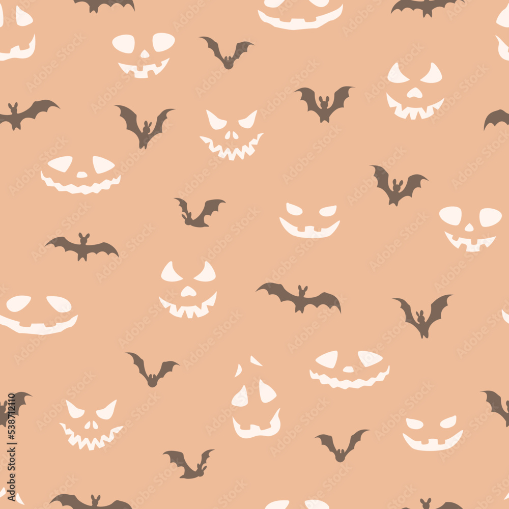 Vector seamless pattern with bats and scary faces. Halloween design for wrappings, textile, wallpaper and backgrounds.