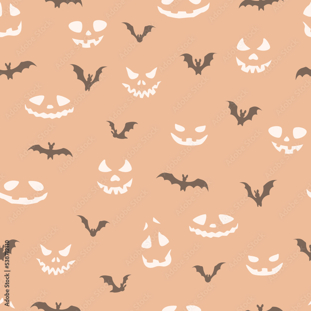 Vector seamless pattern with bats and scary faces. Halloween design for wrappings, textile, wallpaper and backgrounds. Vector seamless pattern with bats and scary faces. Halloween design for wrappings, textile, wallpaper and backgrounds.