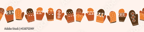 Colorful Retro Knitted Mittens Vector Seamless Horizontal Pattern Border. Hand Daawn Fair Isle Knitwear Graphic Print. Autumn Background. Cozy Fall Doodle Design