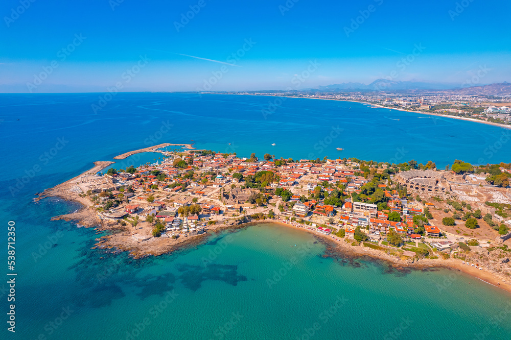 Aerial top view ancient Side town, Antalya Province, Turkey drone photo