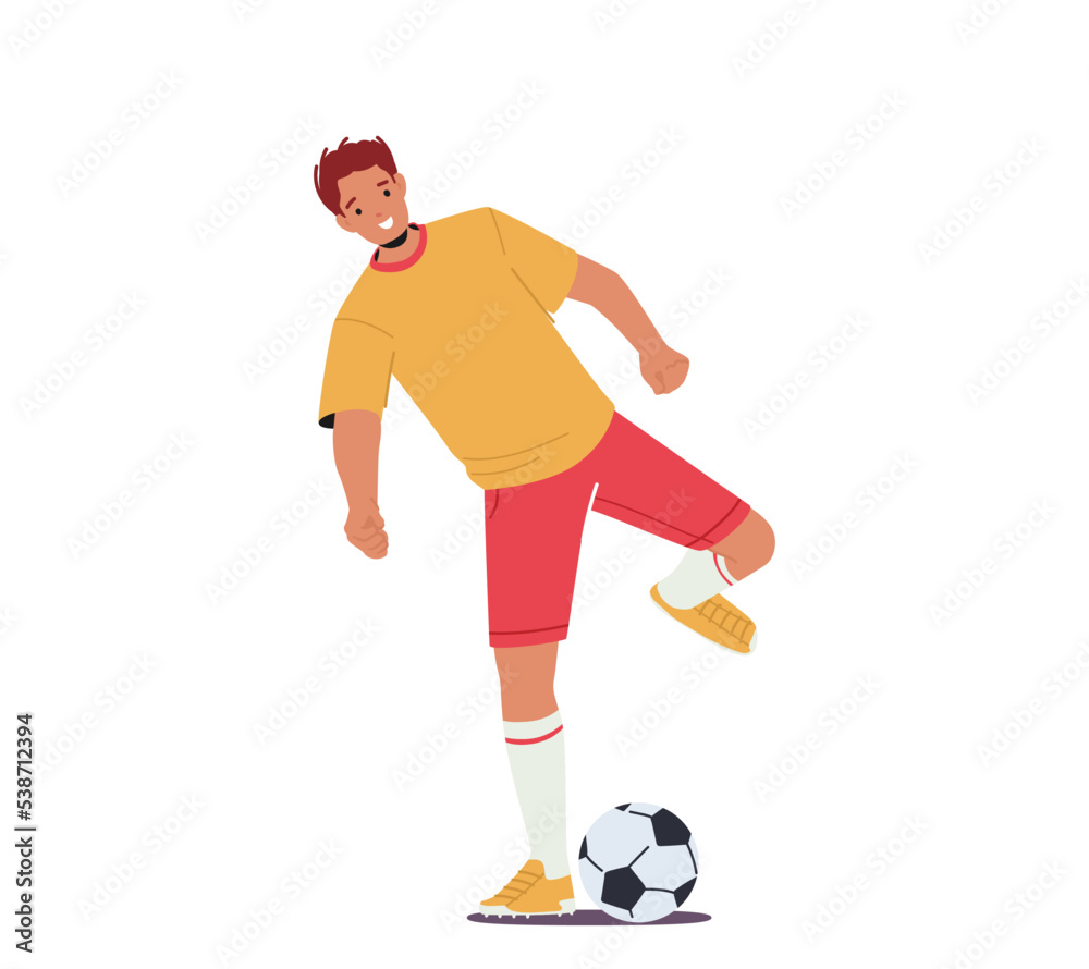 Sportsman Playing Soccer Isolated On White Background. Character Wear Uniform Raise Leg Prepare To Kick Ball, Athlete