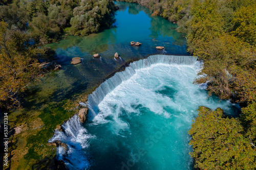 Aerial top view Manavgat waterfall Antalya, Turkey drone photo