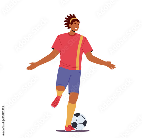 Happy Black Sportsman Soccer Player Win, Celebrate Victory And Goal. Character In Red Football Sportswear Run With Ball