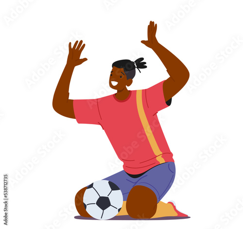 Happy Black Sportsman Soccer Player Celebrating Win After Goal. Male Character In Football Sportswear Victory Rejoice