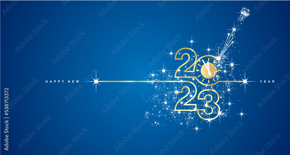 Obraz premium New Year 2023 clock countdown line design firework champagne gold white blue background vector