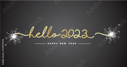 Hello 2023 New Year gold handwritten line design typography white sparkle firework on black background banner