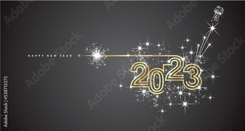 New years eve 2023 compact golden triple line design white sparkler firework champagne open new year eve black vector wallpaper greeting card