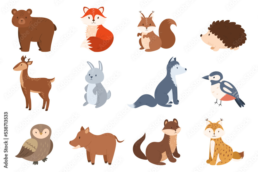 Set Of Forest Animals Bear, Fox, Deer And Rabbit. Squirrel, Hedgehog, Wolf And Bird, Owl, Lynx, Boar, Ferret Or Weasel