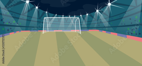 Soccer Stadium, Football Arena Field With Bright Lights, Green Grass, Gate And Tribunes Perspective View, Sport Ground