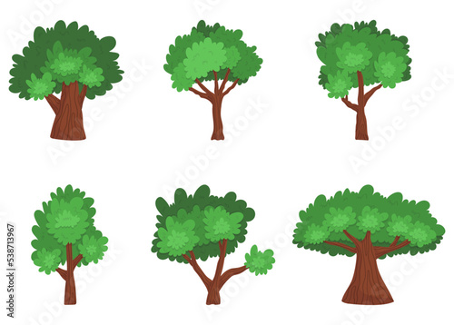 Set Of Cartoon Green Forest Or Garden Trees. Isolated Game Assets, Decorative Landscape Plants And Shrubs. Natural Park
