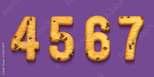 Fototapeta Naklejka Na Ścianę i Meble -  set of 3d numbers made of biscuit, rendering, four, five, six, seven