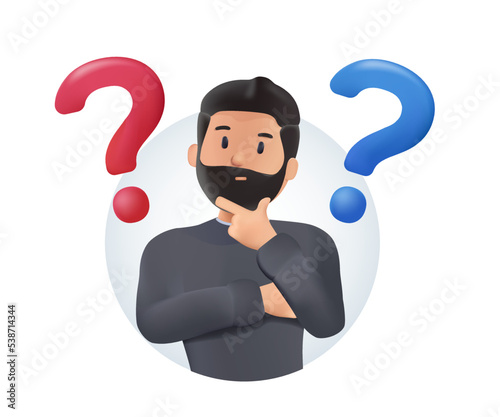 3D Choice between two options. Dilemma 3D questioned man doubting, deciding, choosing, comparing alternatives, risks. 3D render graphic vector illustration isolated on white background. Crossroads
