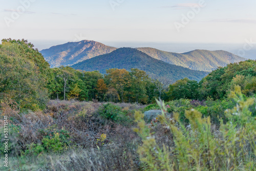 View of Blue Ridge Mountains from a meadow in Shenandoah National Park during the Fall.