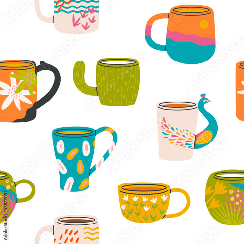 Vector seamless pattern with ceramic cups. Ceramic products with various abstract drawings. Side view.