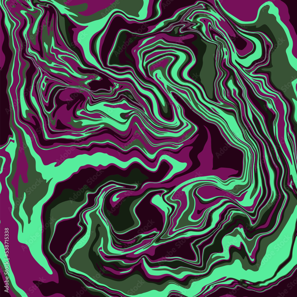 Fluid art texture. Abstract background with swirling paint effect.  Liquid acrylic picture that flows and splashes. Mixed paints for interior poster. green, purple and black iridescent colors.
