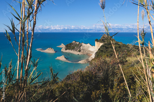 Cape Drastis, beautiful landscape of Akra Drastic, Peroulades village, Corfu island, Greece, with turqoise water and sea beach, Kerkyra, Ionian islands, summer sunny day photo