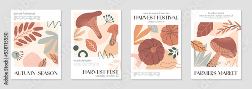 Autumn harvest festival posters with pumpkins foliage and copy space for text.Farmers autumn market covers for invitations social media marketing greetings brochure.Harvest fest vector illustrations