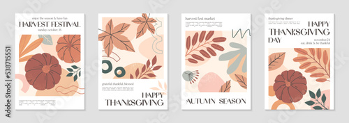 Autumn harvest festival posters with pumpkins,foliage and copy space for text.Farmers autumn market covers for invitations,social media marketing,greetings,brochure.Harvest fest vector illustrations