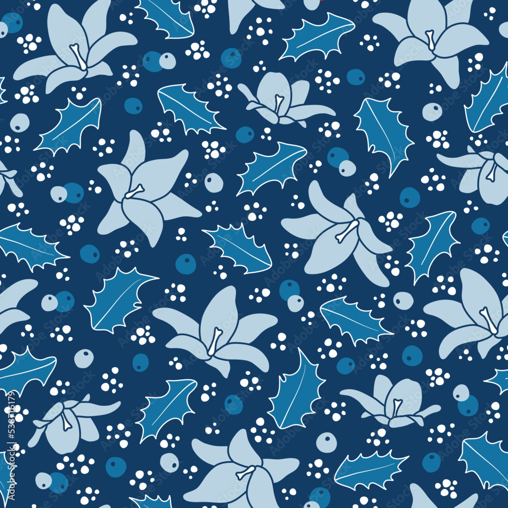 Blue Christmas Flowers with Scattered Holly and White Dots Surface Design Textiles Seamless Repeat Pattern Design on Blue Background