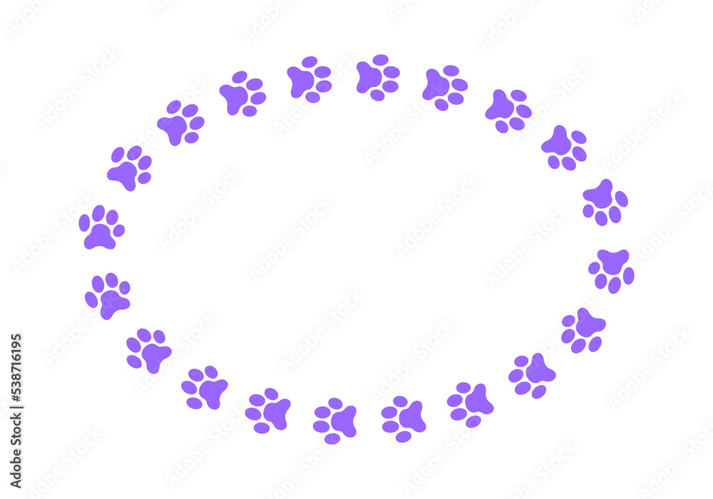 Oval frame with pet paw footprints. Cute template for dog or cat photo, greeting or invitation card, picture, banner isolated on white background. Vector flat illustration